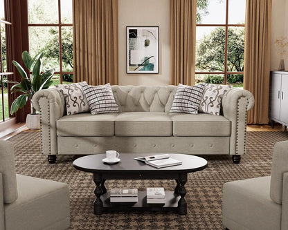 Classic Chesterfield Sofa Set 82'', Tufted Sofa for Couch Set with Solid Wood Legs Thick Cushion, Pet-Friendly Deep Seat Sofas Couches for Living Room Bedroom Apartment - Linen Beige