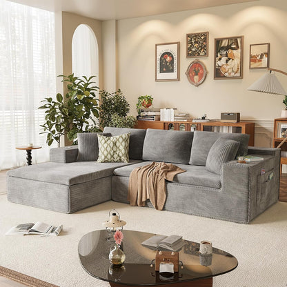 109" Boneless Couch with Memory Foam, Modular Sectional Sofa with L-Shape Chaise, Cloud Couch with Deep Seat, Dual Cup Holders & Side Pockets, No Assembly Required (Gray)