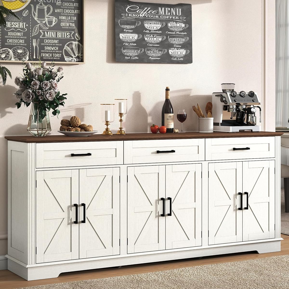 70" Farmhouse Buffet Cabinet with Storage 3 Drawers & 6 Barn Doors, White