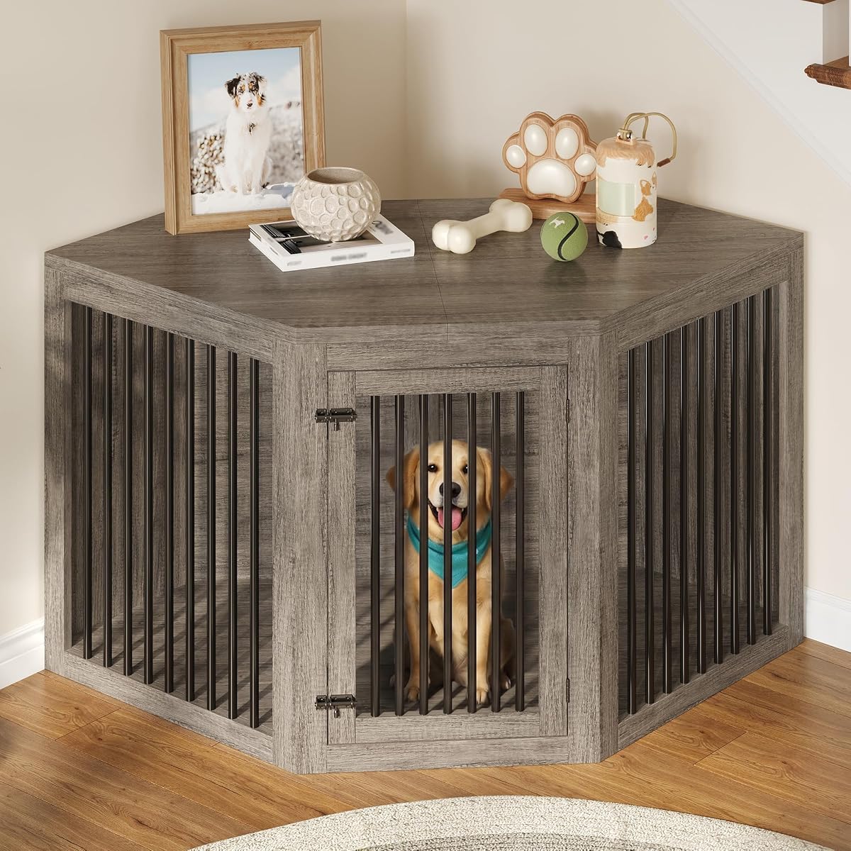 Corner Dog Crate Furniture for Medium/Large Dogs Space-Saving