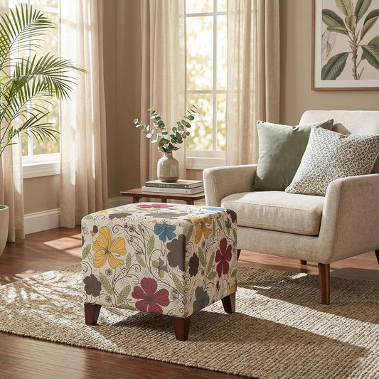 16.3" Square Cube Ottoman Footrest, Modern Floral Linen Fabric Foot Stool with Solid Wood Legs, Decorative Upholstered Shoe Bench for Living Room, Bedroom & Entryway - Colorful Printing