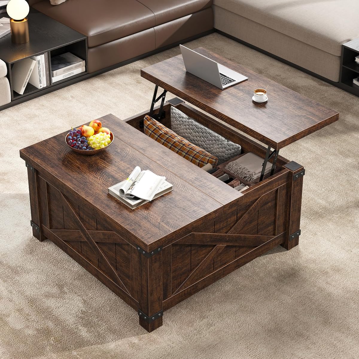 Lift Top Coffee Table with Storage, 35.7" W Square Coffee Tables for Living Room, Small Coffee Table with Large Hidden Space, for Living Room, Bedroom, Home Office, Brown