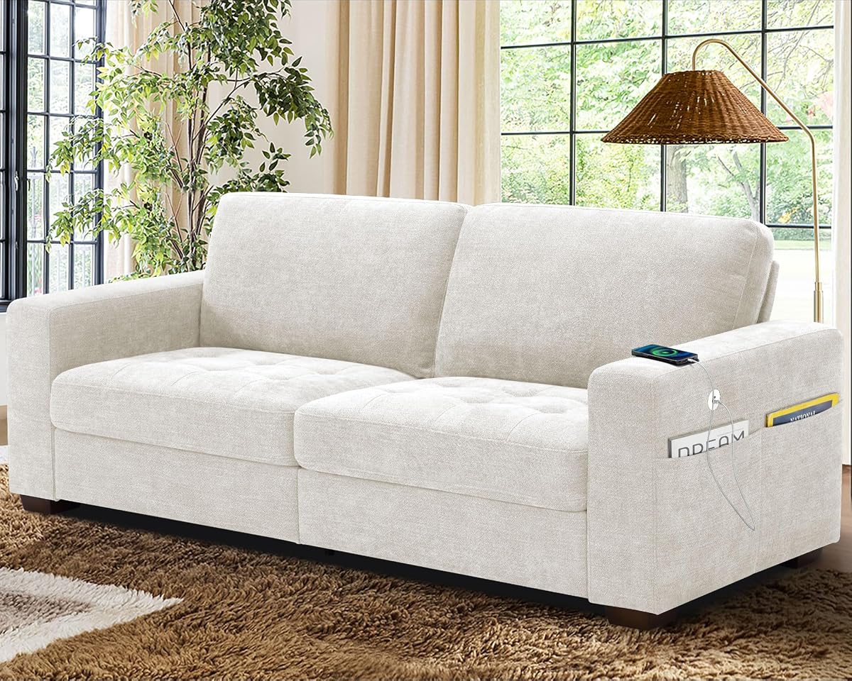 Sofas for Living Room, Chenille Loveseat Couch Set, Small Modern Sofa, USB Charging, Removable Sofa Cover,Solid Wood Frame, Easy to Install(89inch,White)