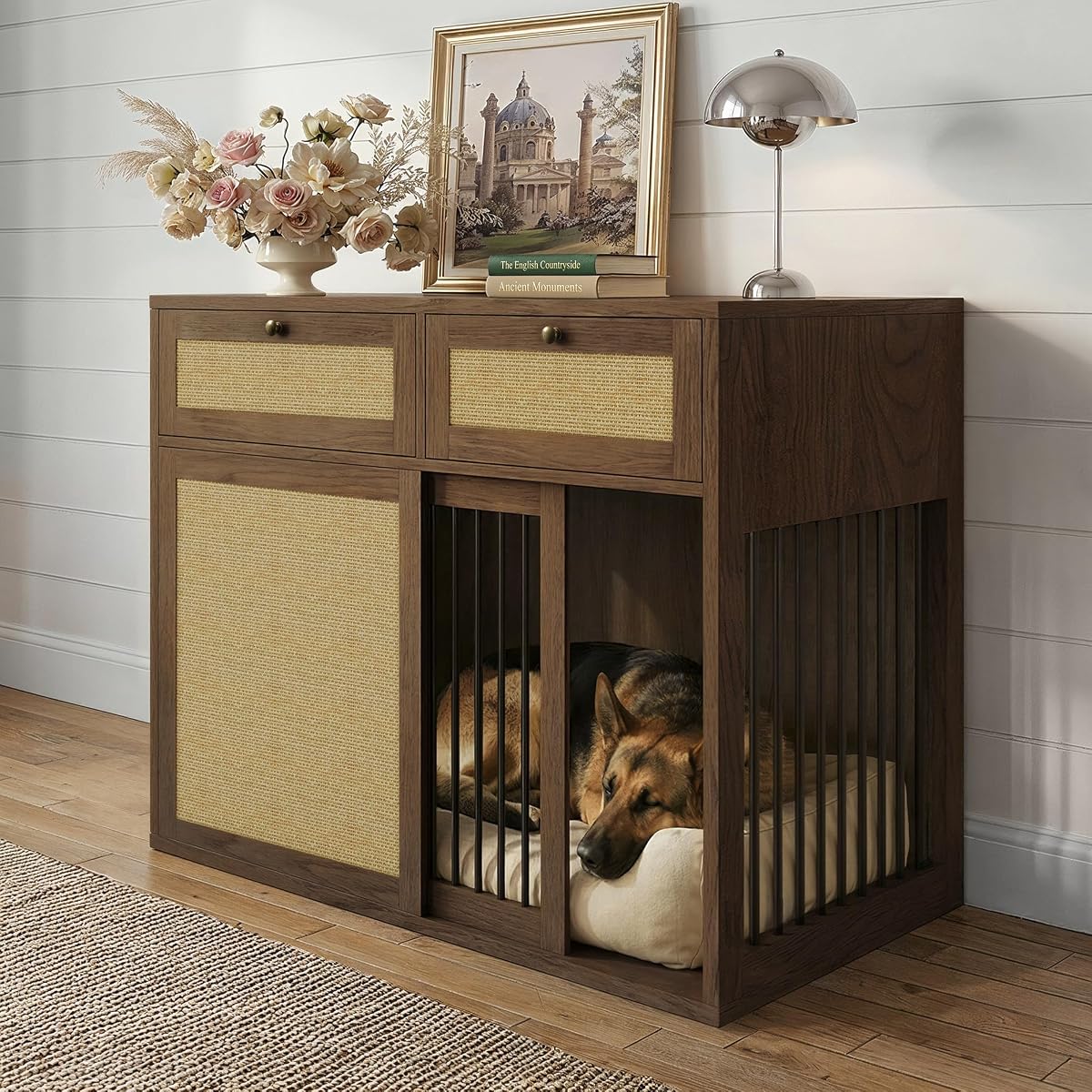 Wooden Dog Crate Furniture, Right Unit, 40 Inch, Dark Oak