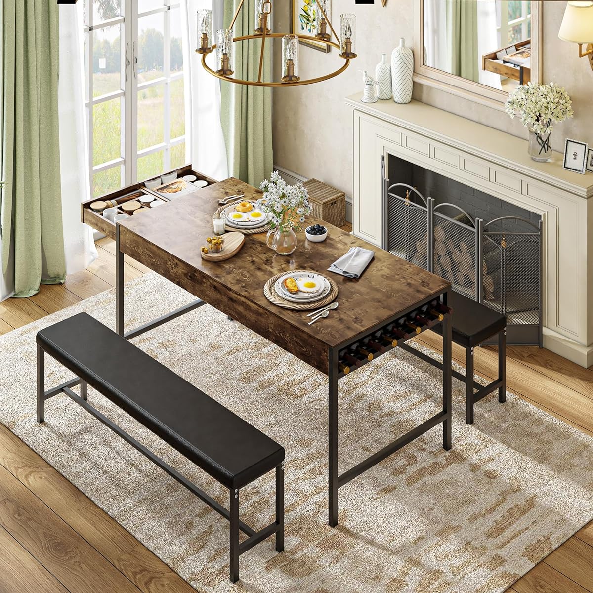65" Dining Table Set for 4-6, 3-Piece Kitchen Set with 2 Utensil Drawers, 2 Benches & Wine Rack, Space Saving & Heavy Duty, with Metal Frame & MDF Board, Brown
