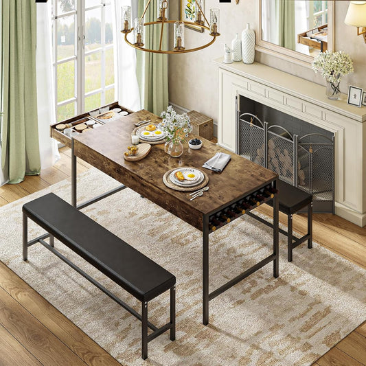 65" Dining Table Set for 4-6, 3-Piece Kitchen Set with 2 Utensil Drawers, 2 Benches & Wine Rack, Space Saving & Heavy Duty, with Metal Frame & MDF Board, Brown