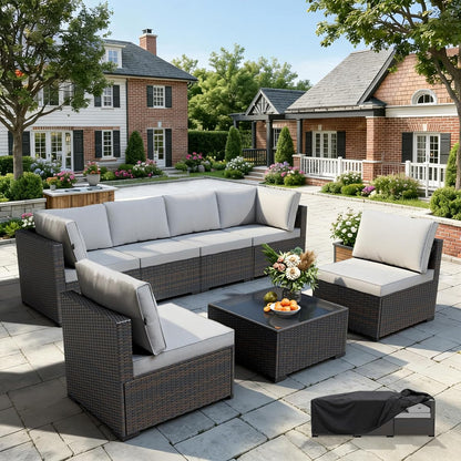 WWR Patio Furniture Set 7 Piece - All-Weather - Wicker Rattan Patio Outdoor Conversation Set, Modular Sectional Sofa for Backyard, Garden, Poolside, Balcony, Porch, Patio, Brown/Light Gray