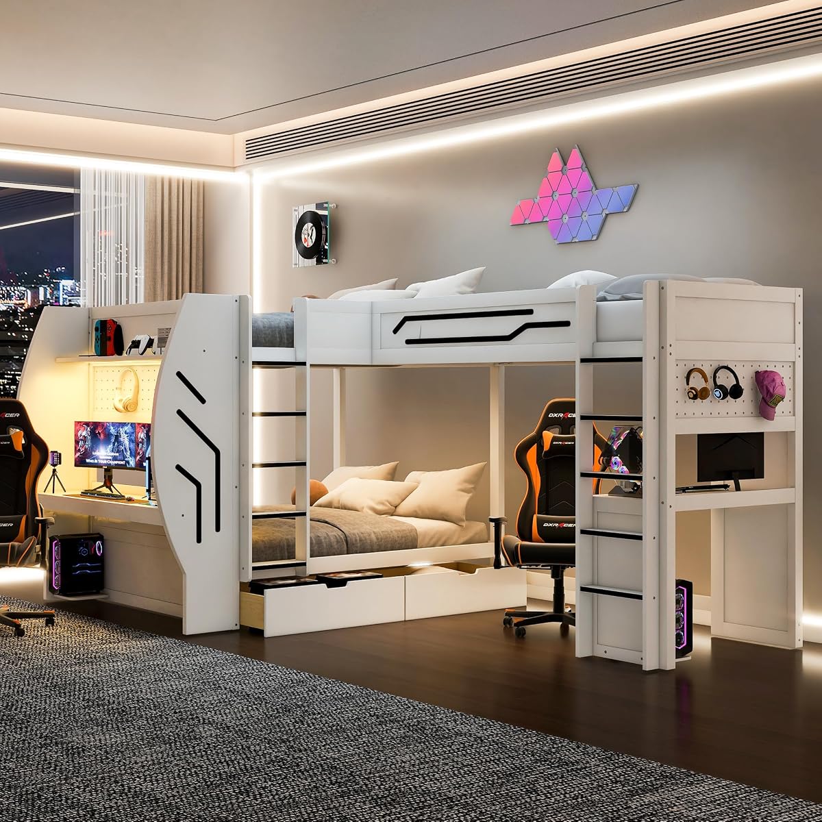 JIVOIT L-Shaped 3 in 1 Bunk Bed, Full & Twin Size Gaming Bunk Bed with Built-in Desks and Pegboard Organizer, Ladders, Storage Drawers and Open Shelve, Multi-User Bunk Bed for Kids Teens (White/62)