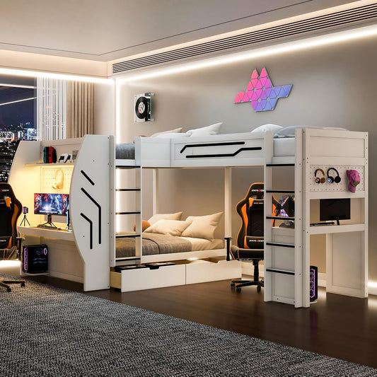 JIVOIT L-Shaped 3 in 1 Bunk Bed, Full & Twin Size Gaming Bunk Bed with Built-in Desks and Pegboard Organizer, Ladders, Storage Drawers and Open Shelve, Multi-User Bunk Bed for Kids Teens (White/62)