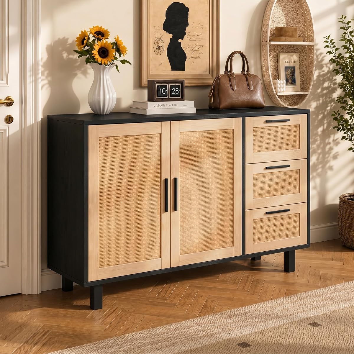 47.2-Inch Rattan Sideboard Buffet, 3 Drawers, 2 Doors, Black