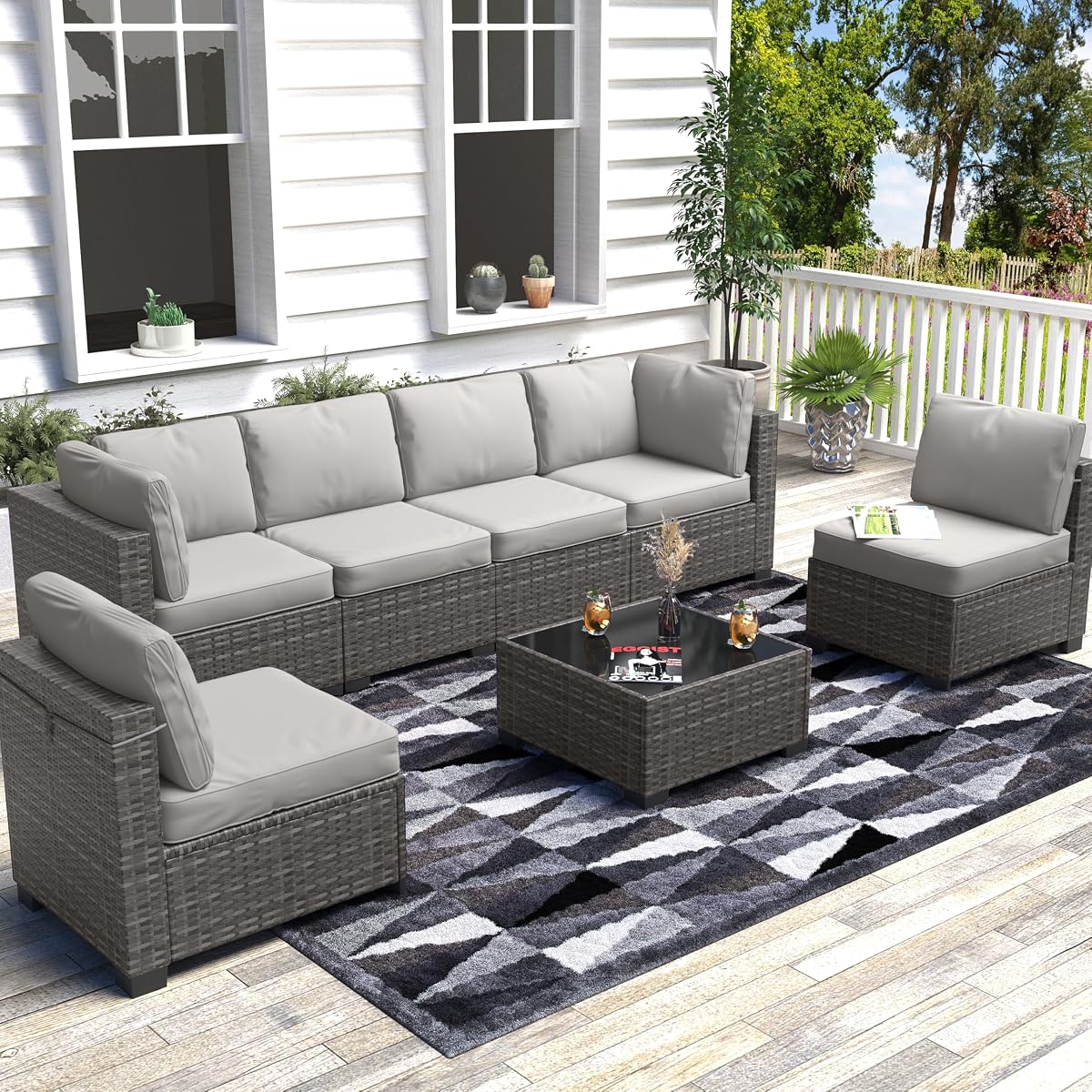 7 Piece Outdoor Patio Furniture Set, PE Rattan Conversation Sofa Set, Wicker Patio Set w/Thick Cushions & Glass Top Coffee Table, All-Weather Outside Furniture for Garden, Balcony, Porch(Grey)