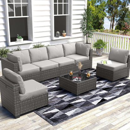 7 Piece Outdoor Patio Furniture Set, PE Rattan Conversation Sofa Set, Wicker Patio Set w/Thick Cushions & Glass Top Coffee Table, All-Weather Outside Furniture for Garden, Balcony, Porch(Grey)