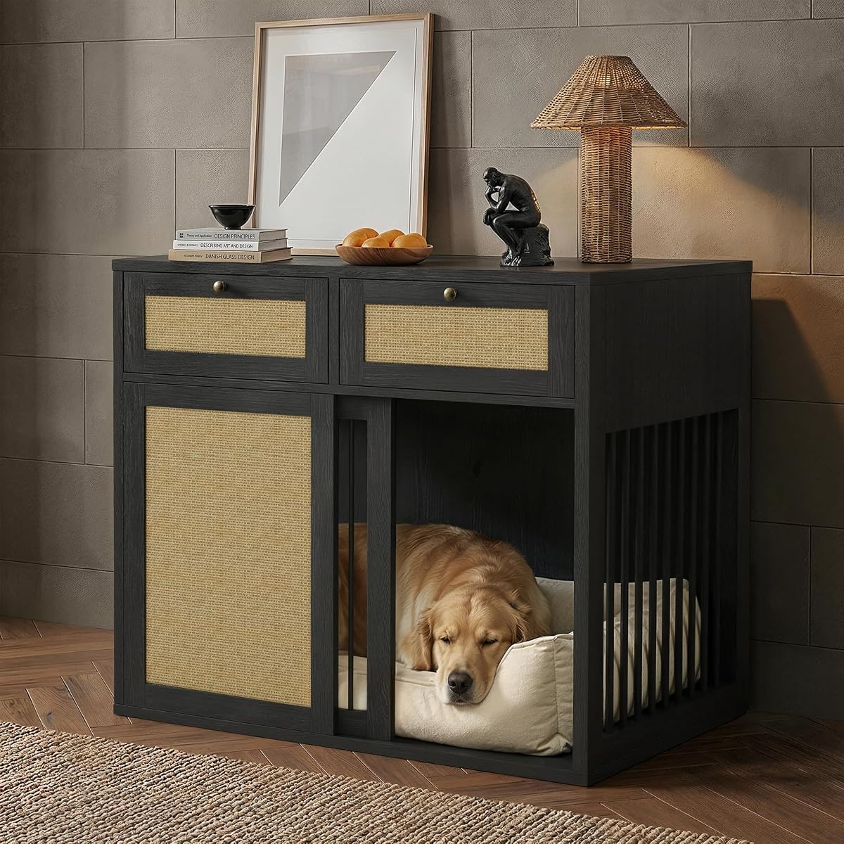 Wooden Dog Crate Furniture, Right Unit, 40 Inch,Black Oak
