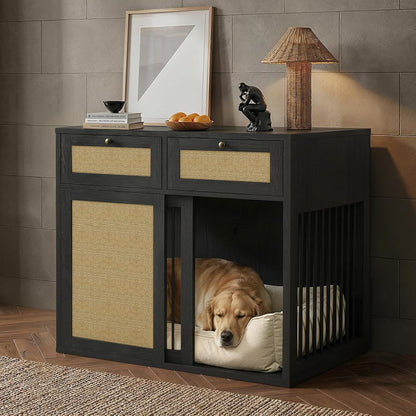 Wooden Dog Crate Furniture, Right Unit, 40 Inch,Black Oak