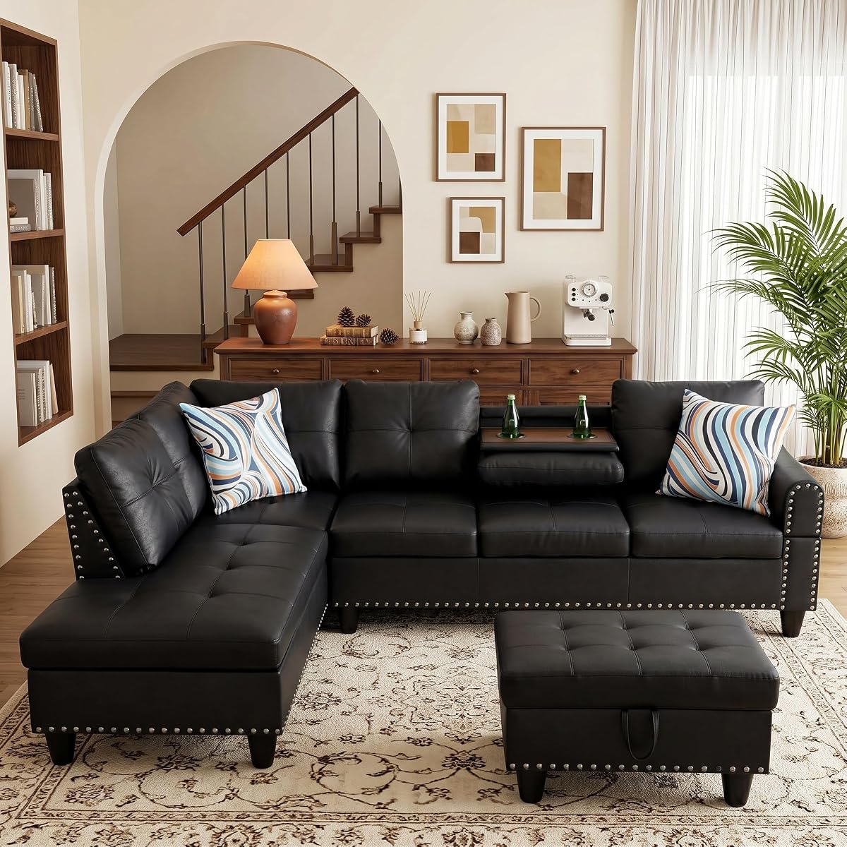 97.5" L Shaped Couch Set, Modular Sectional Couches for Living Room with Storage Ottoman, 4 Seat Home Sofa Living Room Furniture Sets with Chaise for Apartment Office (Leather, Black)