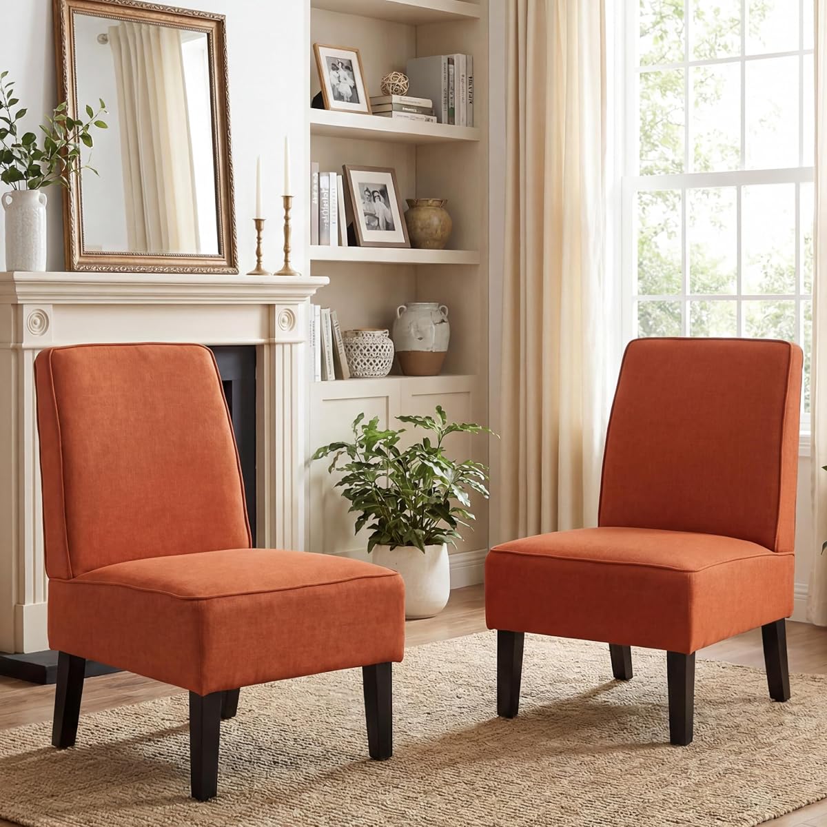 Accent Chairs Set of 2 Upholstered Living Room Chairs Armless Side Chairs Bedroom Chairs with Curved Backrest and Wooden Legs Orange