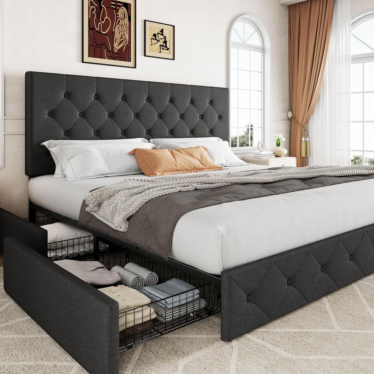 Upholstered King Size Platform Bed Frame with 4 Storage Drawers and Headboard