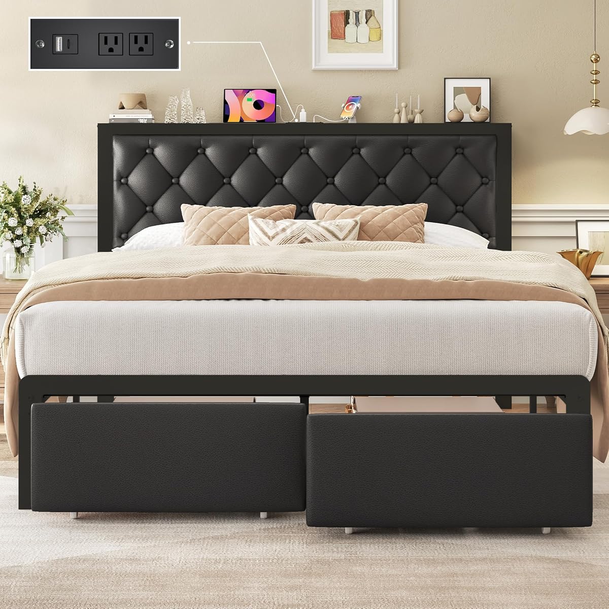 Queen Bed Frame with 2 Storage Drawers