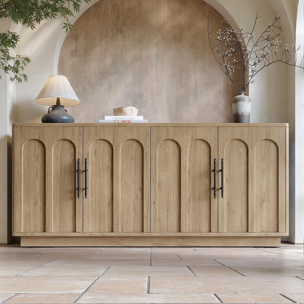 67" Arched Oak Sideboard Buffet Cabinet with Storage