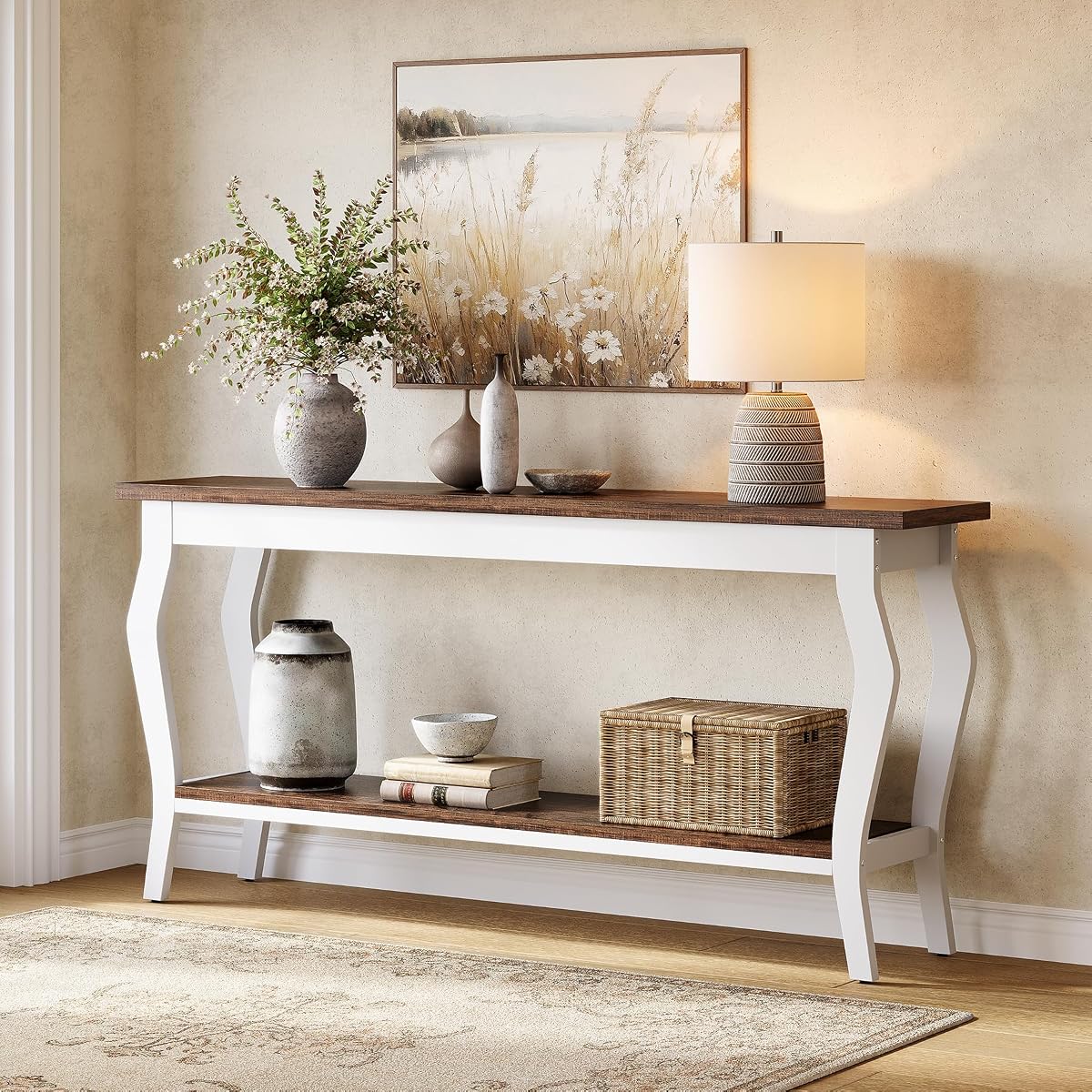 70.9 Inches Long Console Table, 2-Tier Vintage Wooden Sofa Table Behind The Couch with Metal Legs for Hallway, Entryway, Living Room, Brown & White
