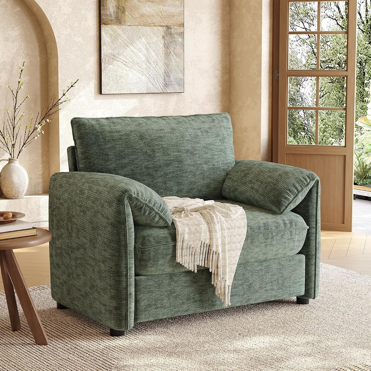 Oversized Green Chenille Armchair with Padded Arms