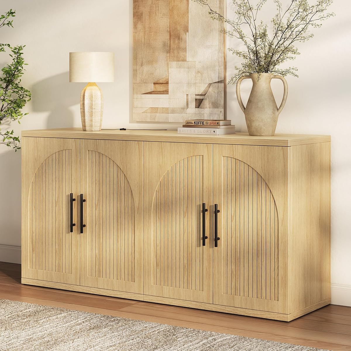 63" Fluted Buffet Cabinet, Oak Credenza with Adjustable Shelf