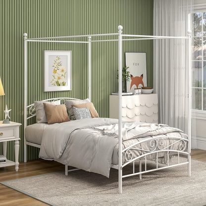 Metal Canopy Bed Frame Four-Poster, Full, White