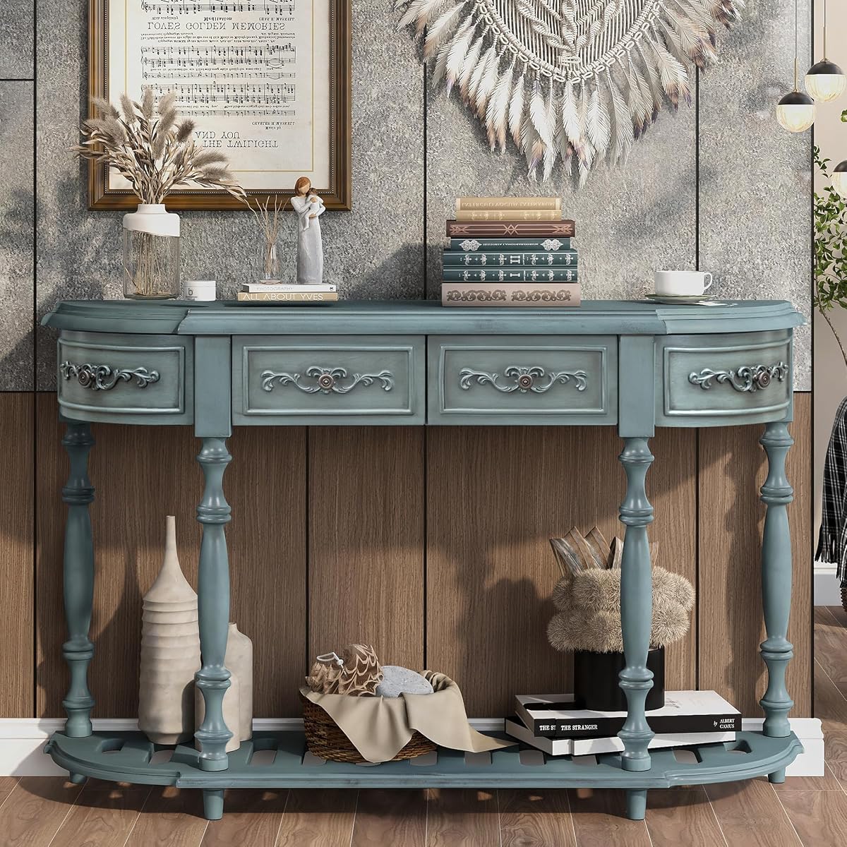 52'' Curved Half Moon Entryway Console Table with Storage, Antique Blue | Semicircular Accent Table, French Country, Solid Wood Legs, 4 Drawers, Open Shelf, Easy Assembly, for Living Room & Hallway