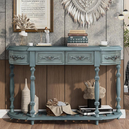 52'' Curved Half Moon Entryway Console Table with Storage, Antique Blue | Semicircular Accent Table, French Country, Solid Wood Legs, 4 Drawers, Open Shelf, Easy Assembly, for Living Room & Hallway