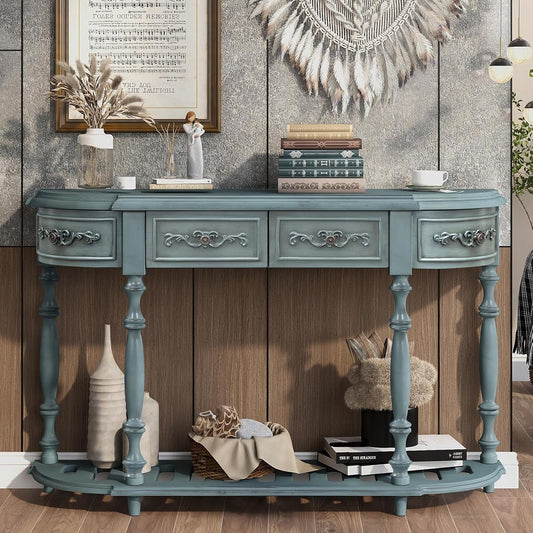 52'' Curved Half Moon Entryway Console Table with Storage, Antique Blue | Semicircular Accent Table, French Country, Solid Wood Legs, 4 Drawers, Open Shelf, Easy Assembly, for Living Room & Hallway