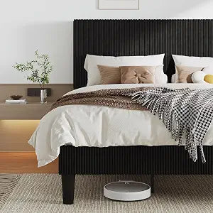 King Bed Frame, Corduroy Tufted Headboard, Black, view 2