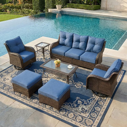 Patio Furniture Set, 7PCS Outdoor Wicker Conversation Set with 6" Thick Cushions, High Back Rattan Sofa & Swivel Rocker Chairs, Weather Resistant Olefin Fabric for Garden, Poolside, Navy Blue