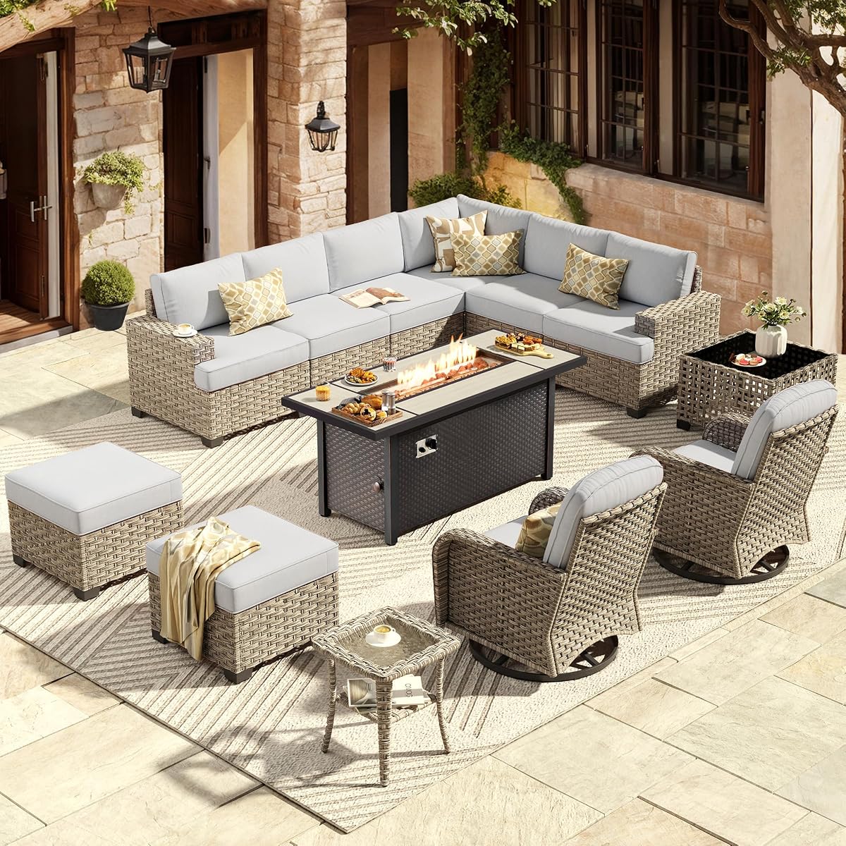 Outdoor Sectional Patio Furniture Set with Fire Pit Table,13 Pieces Wicker Conversation Sets L Shaped Couch,Extra Deep Out Door Sofa Outside Furniture with Swivel Chairs Ottomans,Light Gray