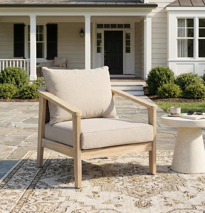 Hartford Acacia Wood Lounge Chair Outdoor with Removable Cushion, Solid Wood Patio Accent Chair with PE Wicker Backrest, Patio Furniture Sofa Set, Light Brown+Beige