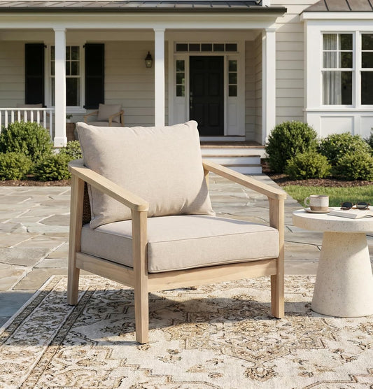 Hartford Acacia Wood Lounge Chair Outdoor with Removable Cushion, Solid Wood Patio Accent Chair with PE Wicker Backrest, Patio Furniture Sofa Set, Light Brown+Beige