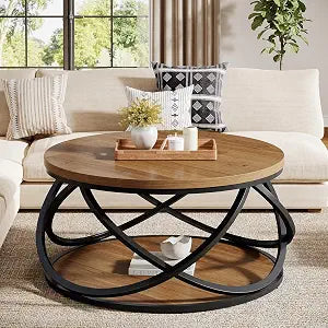 Tribesigns 2-Tier Round Coffee Table, 31.5" Circle Center Table, Wood Grain Accent Table with Storage Shelf and Cross Metal Frame for Living Room, Small Space, Rustic Brown