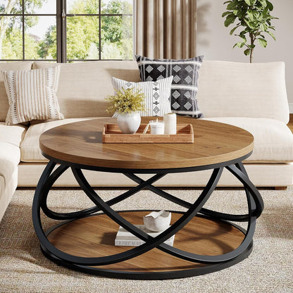 Tribesigns 2-Tier Round Coffee Table, 31.5" Circle Center Table, Wood Grain Accent Table with Storage Shelf and Cross Metal Frame for Living Room, Small Space, Rustic Brown