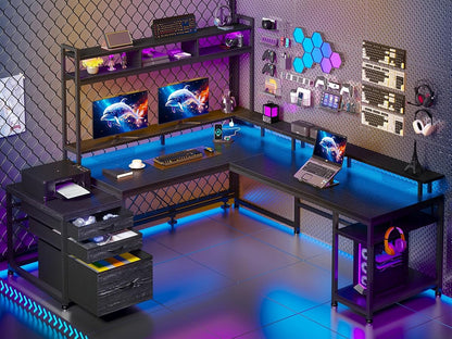104'' L Shaped Gaming Desk, Reversible Two Person Corner Computer Desk with LED Lights & Power Outlet, Monitor Stand & 3 Drawers, Home Office Workstation for Gaming Room, Black