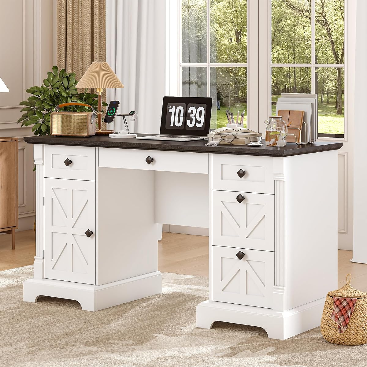 55'' Farmhouse Executive Desk with Drawers, White