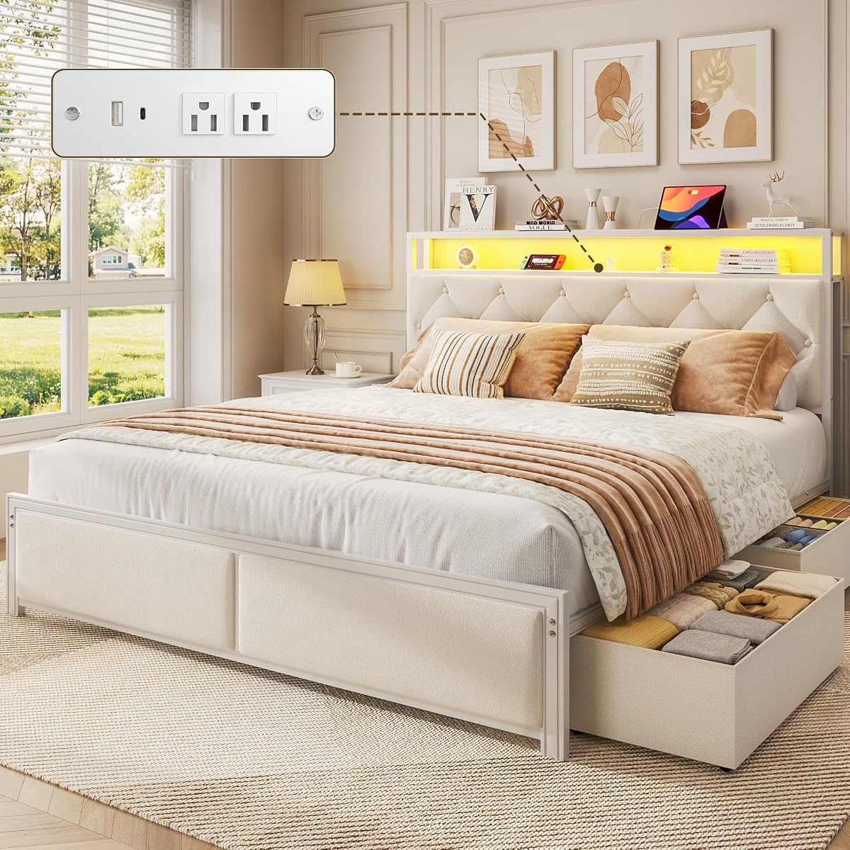 Queen Bed Frame with 4 Drawers, Upholstered Headboard with Storage