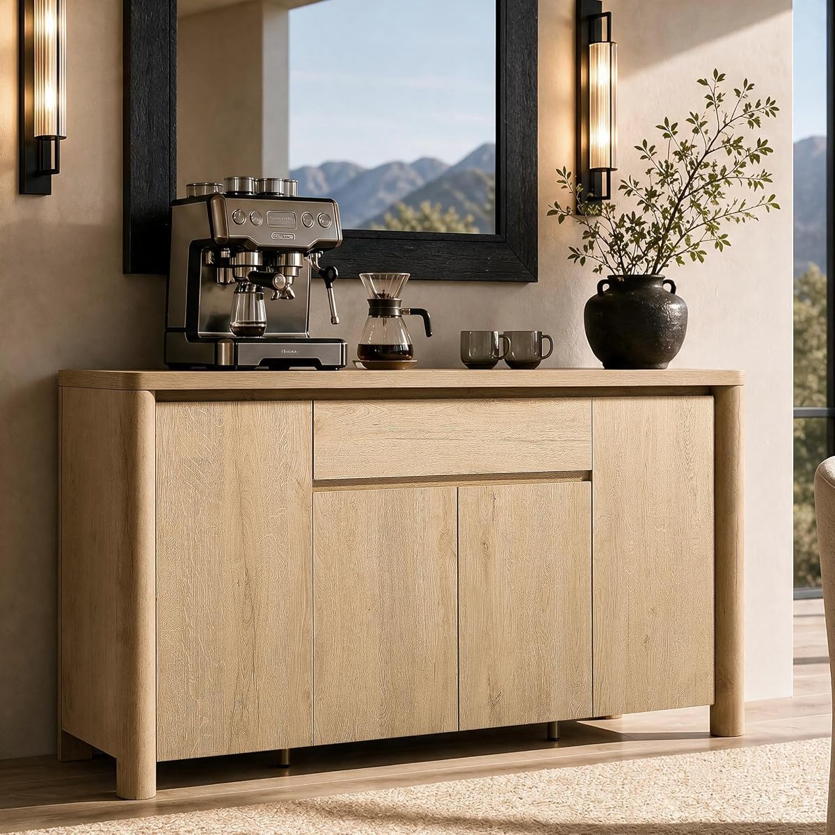 63" Sideboard Buffet Cabinet with Drawer, Wood Credenza Coffee Bar with Storage