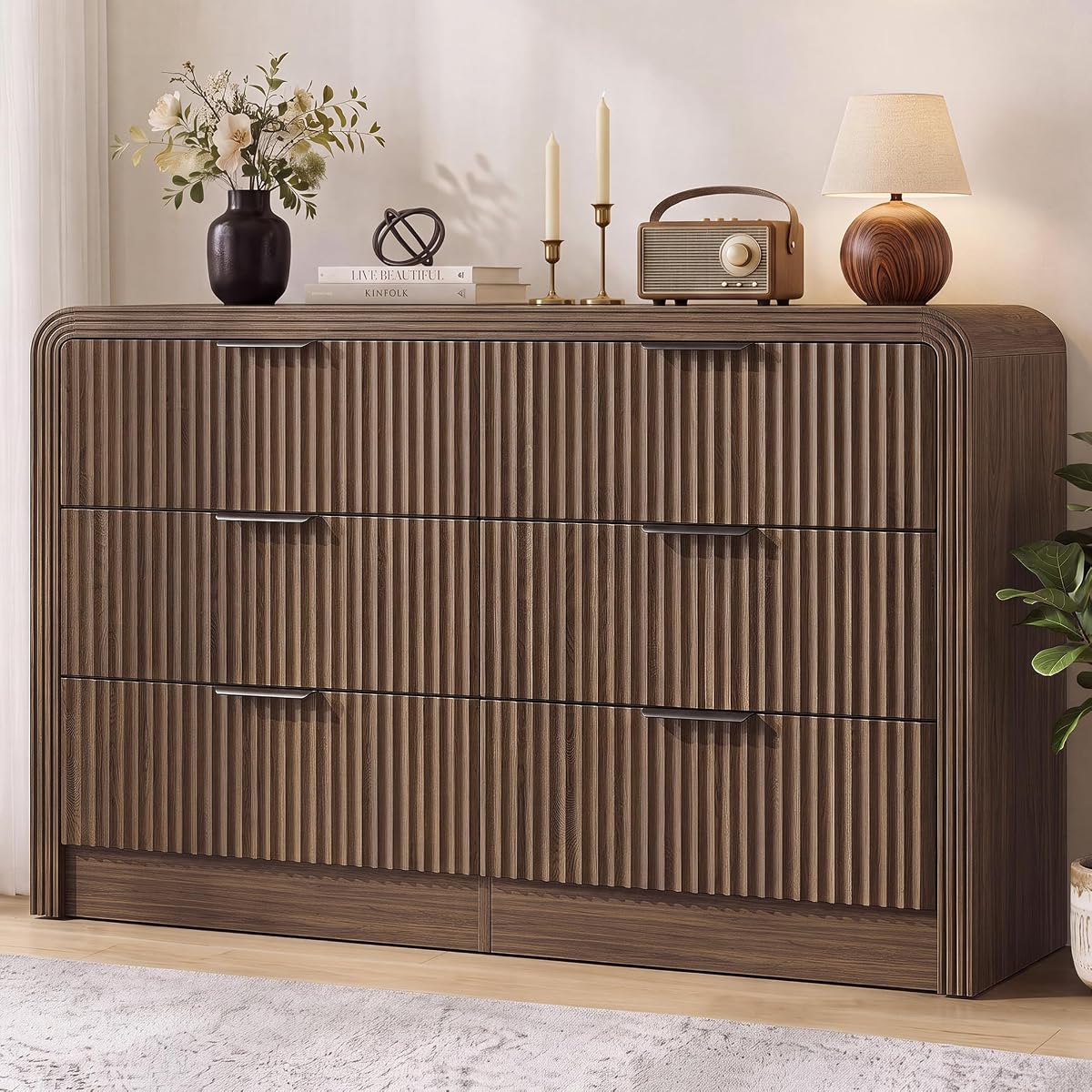 Fluted 6-Drawer Dresser Modern Wood Chest Organizer with Anti-Tip