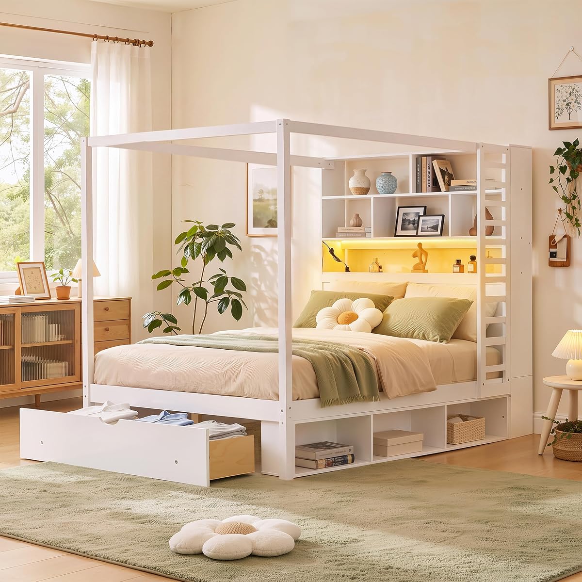 Full Size Wooden Canopy Bed Frame with Bookcase Headboard,USB Outlets