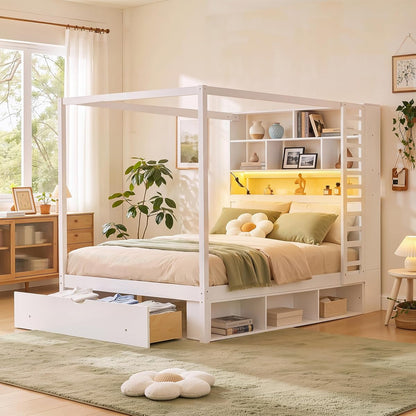 Full Size Wooden Canopy Bed Frame with Bookcase Headboard,USB Outlets