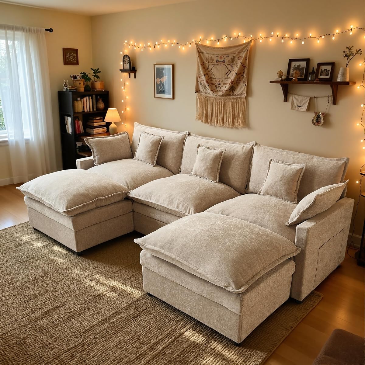108'' U Shaped Cloud Couch, 3-Seater Sofa with 2 Ottoman, Oatmeal