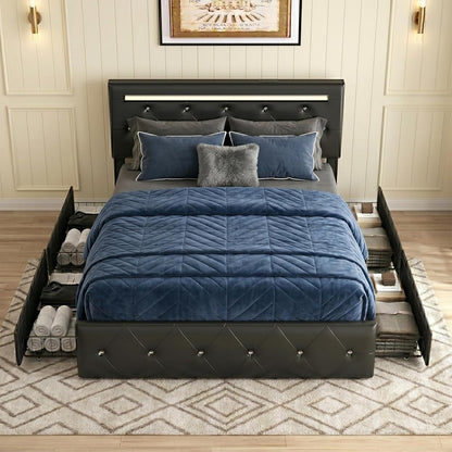 Full Bed Frames with Headboard - Upholstered Leather Bed Frame, Adjustable Headboard 2 Storage Drawers 12 Metal Slats, Noise-Free, Easy Assembly No Box Spring Needed Black