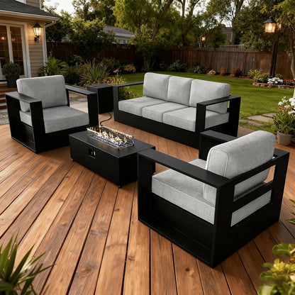 Oversized Aluminum Outdoor Furniture Set, 4 Piece Patio Sofa Sets with Fire Pit Table, Deep Seating and Upgraded 6-inch Cushions for Porch, Balcony, Deck