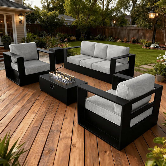 Oversized Aluminum Outdoor Furniture Set, 4 Piece Patio Sofa Sets with Fire Pit Table, Deep Seating and Upgraded 6-inch Cushions for Porch, Balcony, Deck