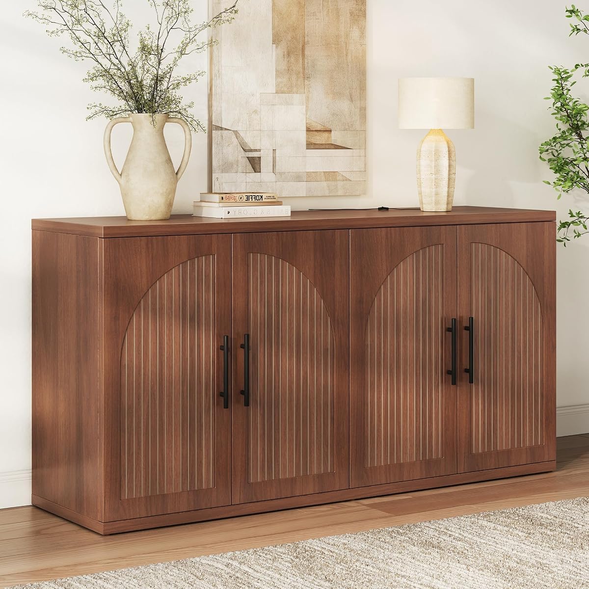 63" Fluted Buffet Cabinet, Walnut Credenza with Adjustable Shelf