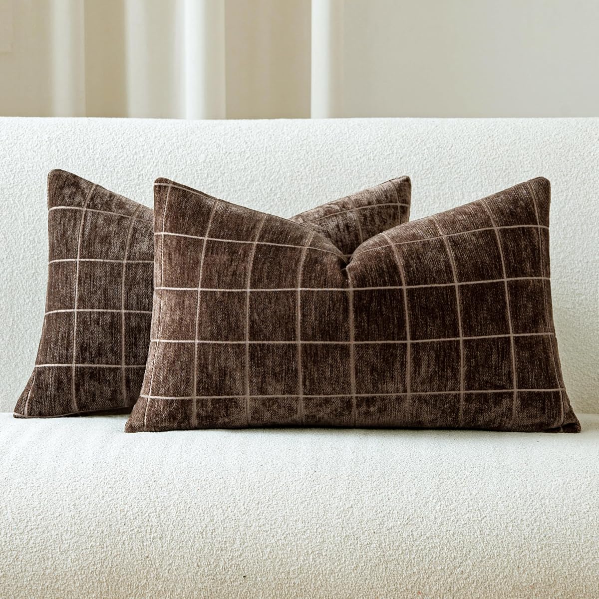 Decorative Chenille Plaid Fall Throw Pillow Covers Brown 12x20 Set of 2